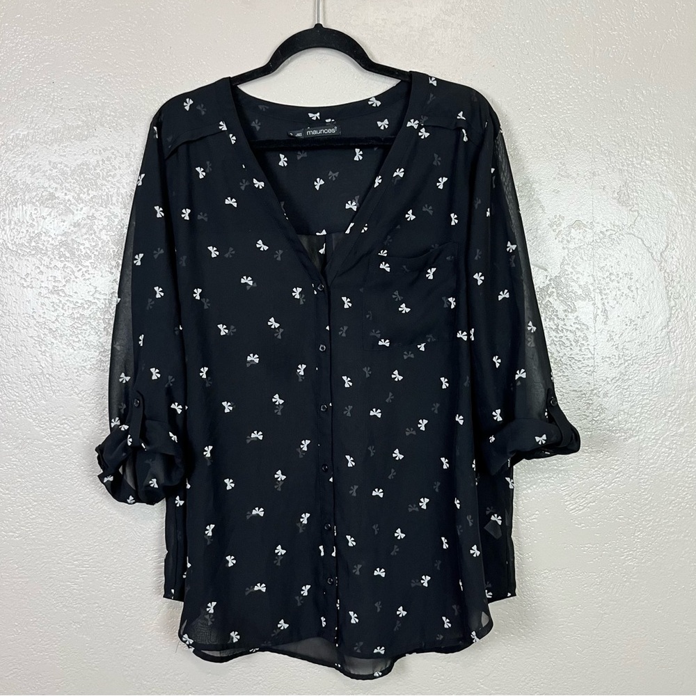 Maurices Women 2 Button Down Blouse Semi-Sheer Bow V-Neck Tab Sleeves 5 for $30 - Picture 15 of 16